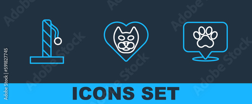 Set line Location veterinary hospital, Cat scratching post and Heart with icon. Vector