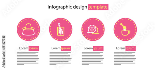 Set line Honeycomb, dipper stick with honey, and Beekeeper protect hat icon. Vector