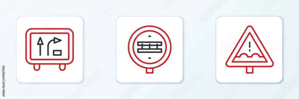 Set line Uneven road ahead sign, Road traffic and Railroad crossing icon. Vector Set line Uneven road ahead sign, Road traffic and Railroad crossing icon. Vector