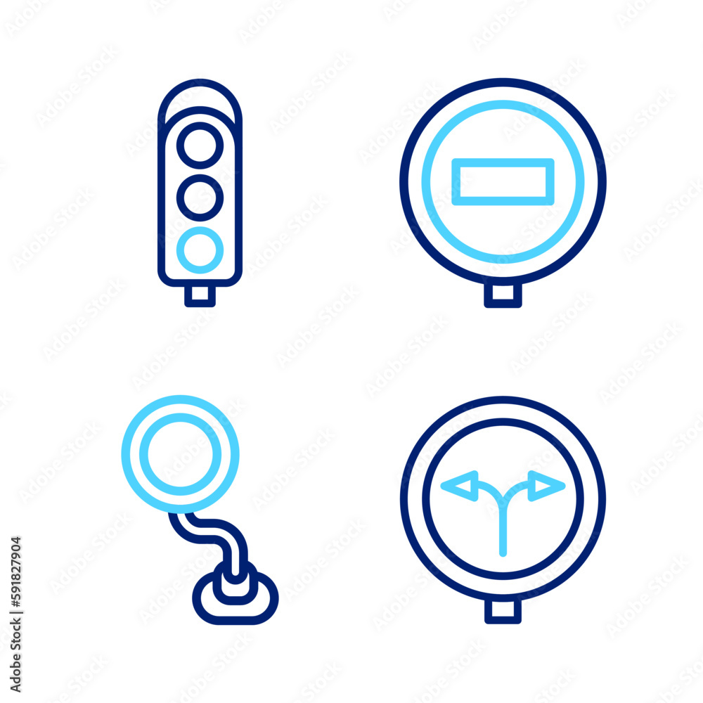 Set line Fork in the road, Road traffic sign, Stop and Traffic light icon. Vector Set line Fork in the road, Road traffic sign, Stop and Traffic light icon. Vector
