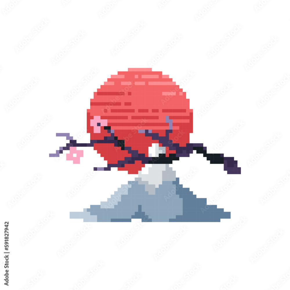 Pixel art Fuji mountain icon. Vector 8 bit style illustration of japanese mountain and sakura. Decorative travel element of retro video game computer graphic for game asset, sprite, sticker or web. Pixel art Fuji mountain icon. Vector 8 bit style illustration of japanese mountain and sakura. Decorative travel element of retro video game computer graphic for game asset, sprite, sticker or web.