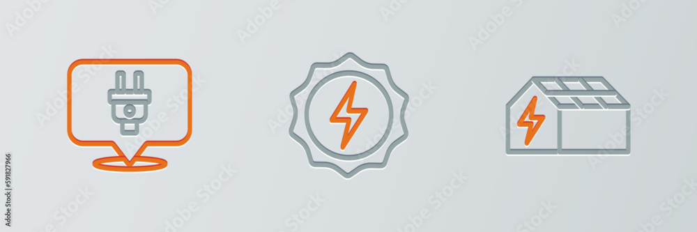 Set line Solar energy panel, Electric plug and Lightning bolt icon. Vector