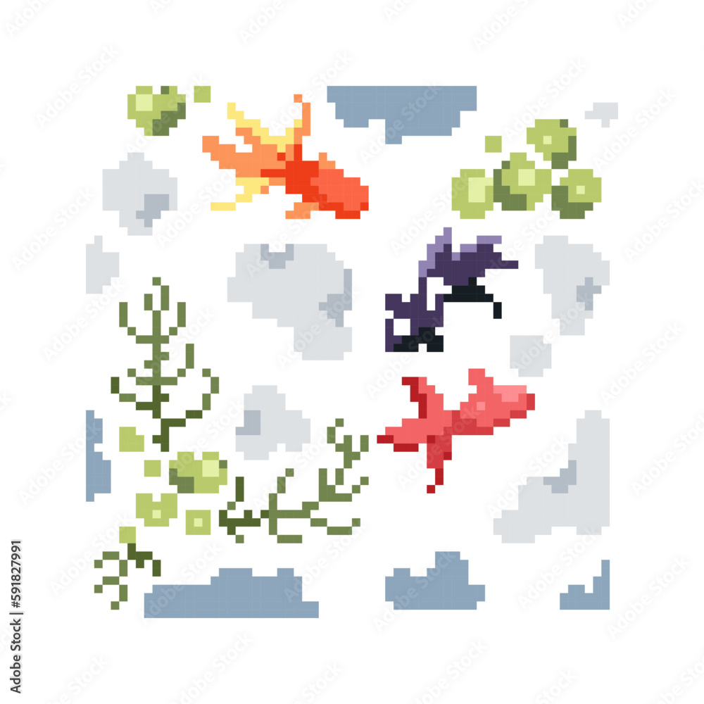 Pixel art koi fishes icon. Vector 8 bit style illustration of japanese golden fishes pond. Cute decorative nature element of retro video game computer graphic for game asset, sprite, sticker or web. Pixel art koi fishes icon. Vector 8 bit style illustration of japanese golden fishes pond. Cute decorative nature element of retro video game computer graphic for game asset, sprite, sticker or web.