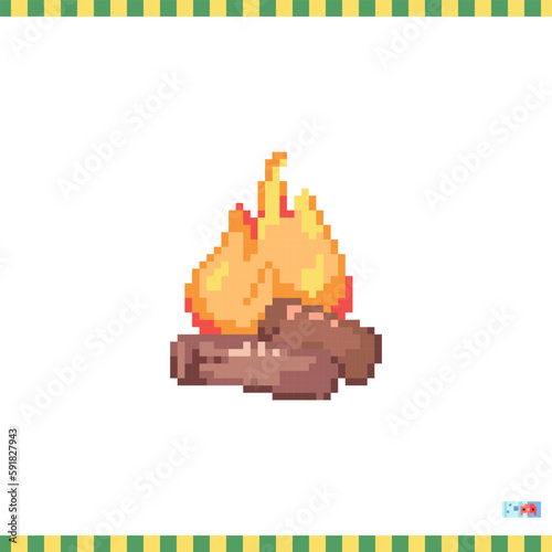 Pixel art campfire icon. Vector 8 bit style illustration of bonfire. Cute decorative travel element of retro video game computer graphic for game asset, sprite, sticker or web.