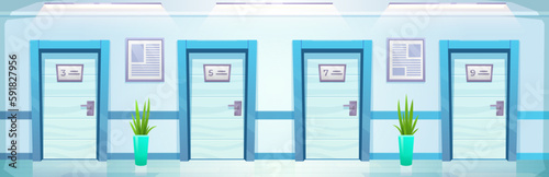 Hospital corridor with room door vector cartoon background. Emergency hallway in clinic with light blue wall and entrance to cabinet or ward with number. Empty ambulatory panorama