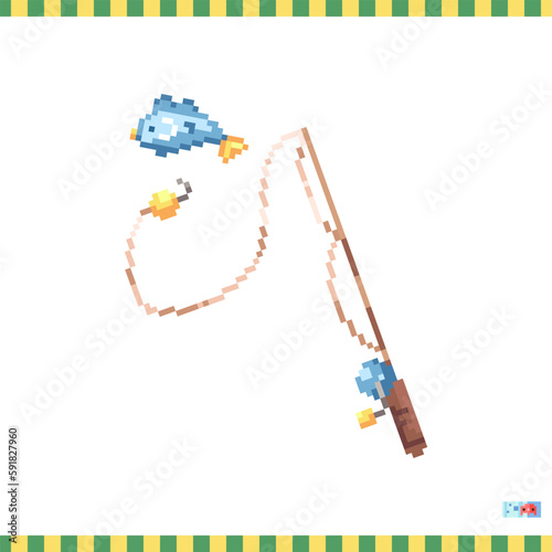 Pixel art fishing rod icon. Vector 8 bit style illustration of wall fishing rod. Cute decorative travel element of retro video game computer graphic for game asset, sprite, sticker or web.