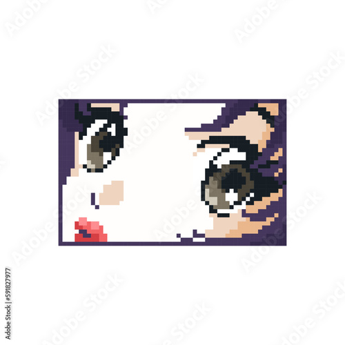 Pixel art anime eyes icon. Vector 8 bit style illustration of manga girl eyes in frame. Kawaii decorative anime element of retro video game computer graphic for game asset, sprite, sticker or web.