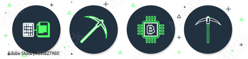 Set line Pickaxe, CPU mining farm, Smart contract and icon. Vector