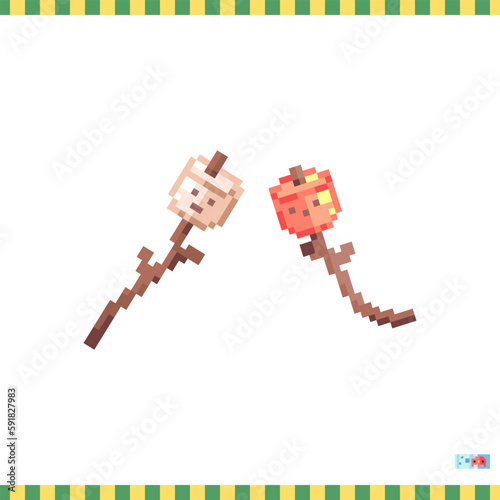 Pixel art marshmallow icon. Vector 8 bit style illustration of roasted marshmallow. Cute decorative travel element of retro video game computer graphic for game asset, sprite, sticker or web.