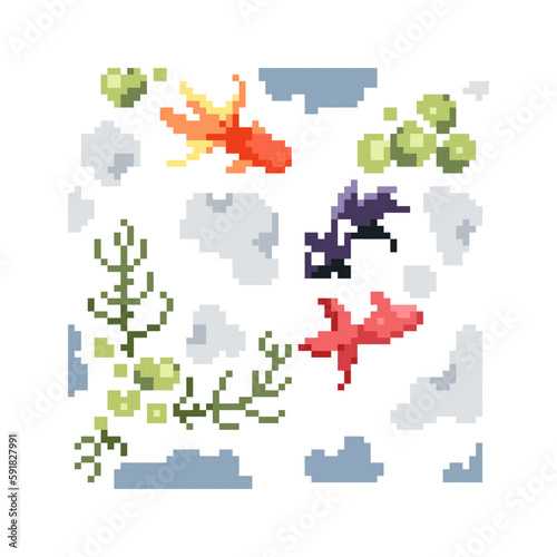 Pixel art koi fishes icon. Vector 8 bit style illustration of japanese golden fishes pond. Cute decorative nature element of retro video game computer graphic for game asset, sprite, sticker or web.
