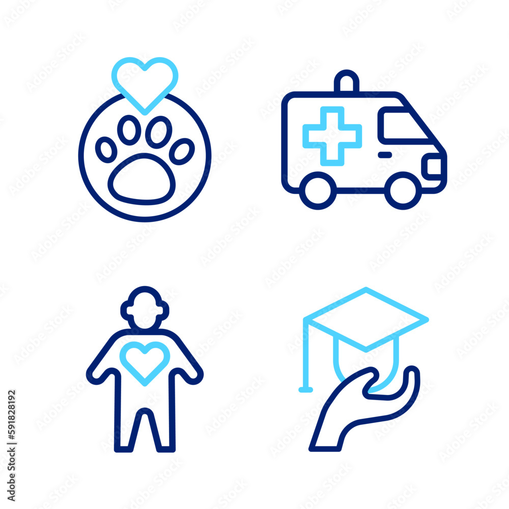 Set line Education grant, Volunteer, Ambulance car and Heart with animals footprint icon. Vector