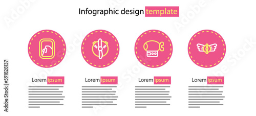 Set line Airship, Aviation emblem, Plane propeller and Airplane window icon. Vector