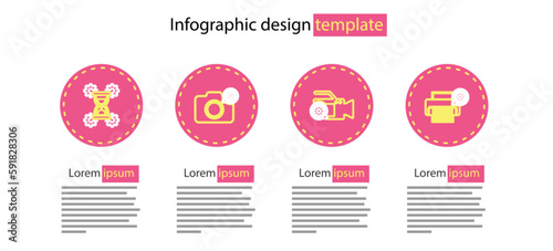 Set line Video camera setting, Printer, Photo and Hourglass icon. Vector