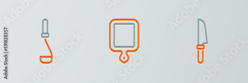 Set line Knife, Kitchen ladle and Cutting board icon. Vector