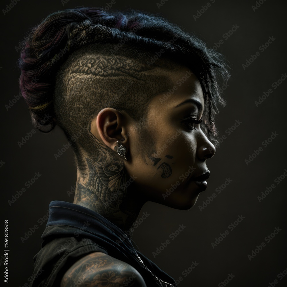 Profile of thoughtful biracial woman with tattoos, created using generative ai technology