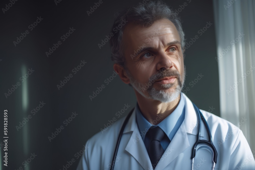 Caucasian male doctor in lab coat with stethoscope created using generative ai technology Caucasian male doctor in lab coat with stethoscope created using generative ai technology