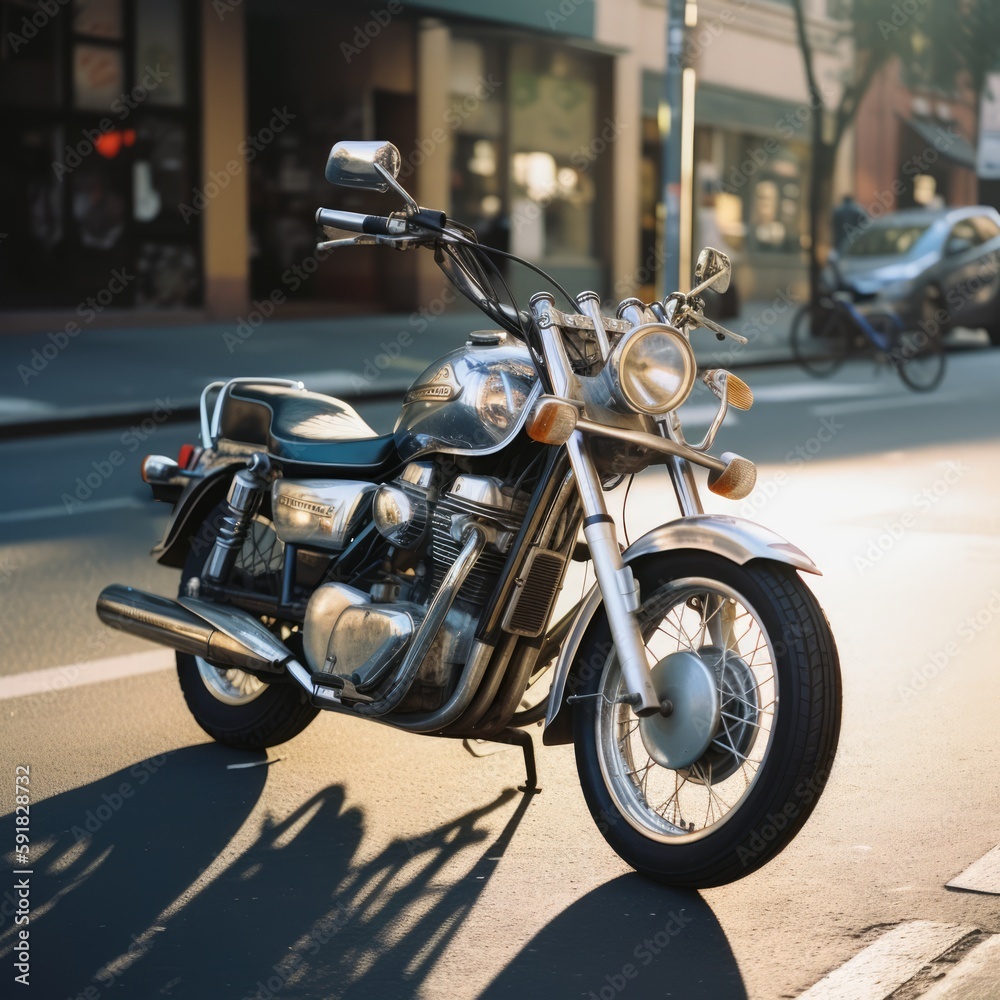 Silver motorbike in city street, created using generative ai technology Silver motorbike in city street, created using generative ai technology