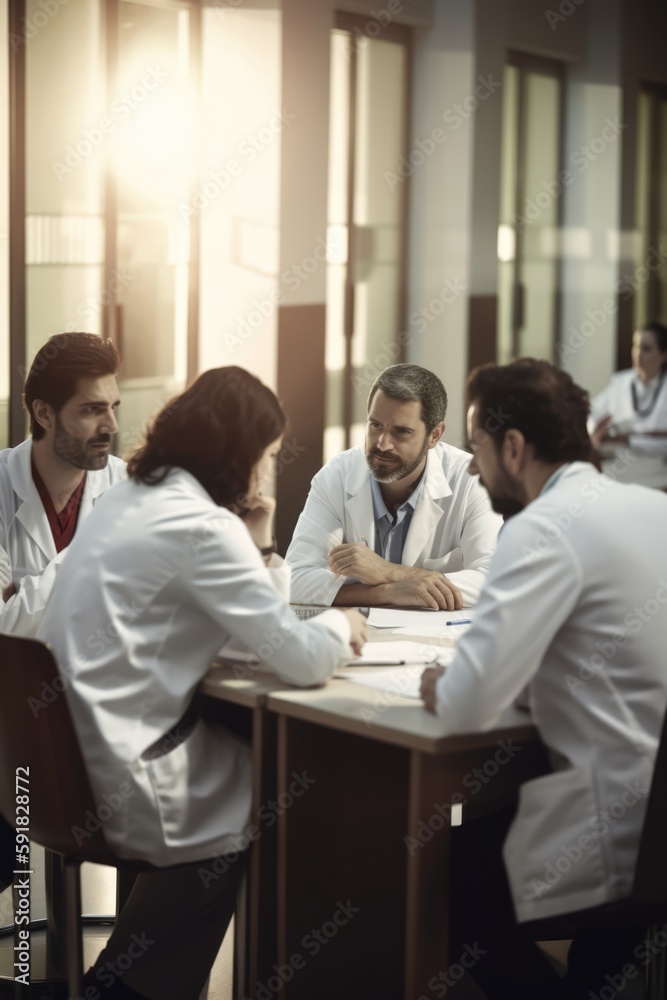 Diverse doctors sitting at table at conference, created using generative ai technology Diverse doctors sitting at table at conference, created using generative ai technology