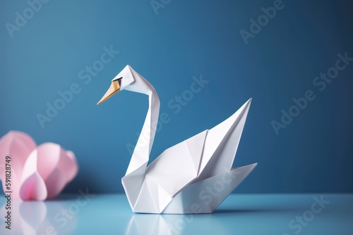 Close up of origami figure of swan on blue background, created using generative ai technology