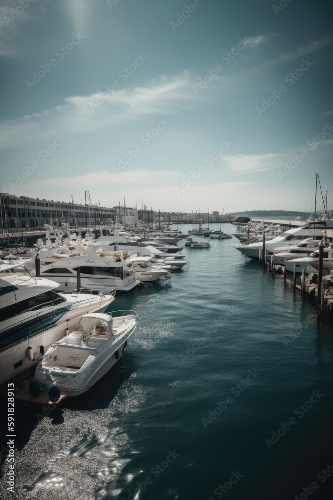 Fototapeta premium General view of port with sailing boats, sea and sky created using generative ai technology