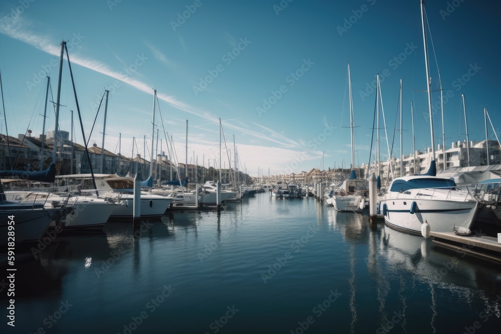 General view of port with sailing boats, sea and sky created using generative ai technology
