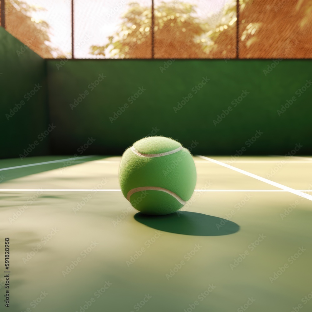 Close up of green tennis ball with shadow on tennis court created using generative ai technology