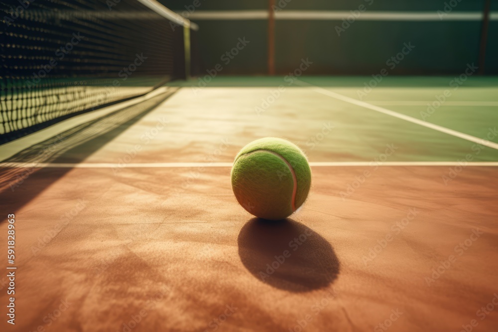 Close up of green tennis ball lying on tennis court created using generative ai technology