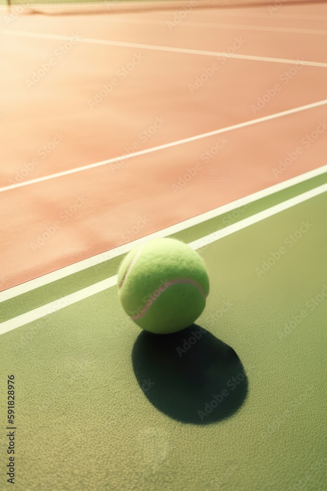 Close up of green tennis ball with shadow on tennis court created using generative ai technology