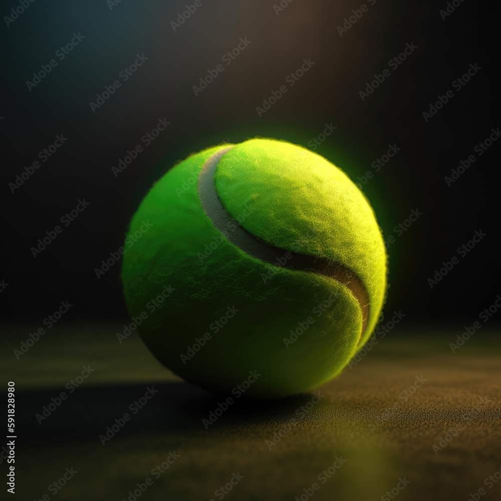 Close up of green tennis ball on black background created using generative ai technology