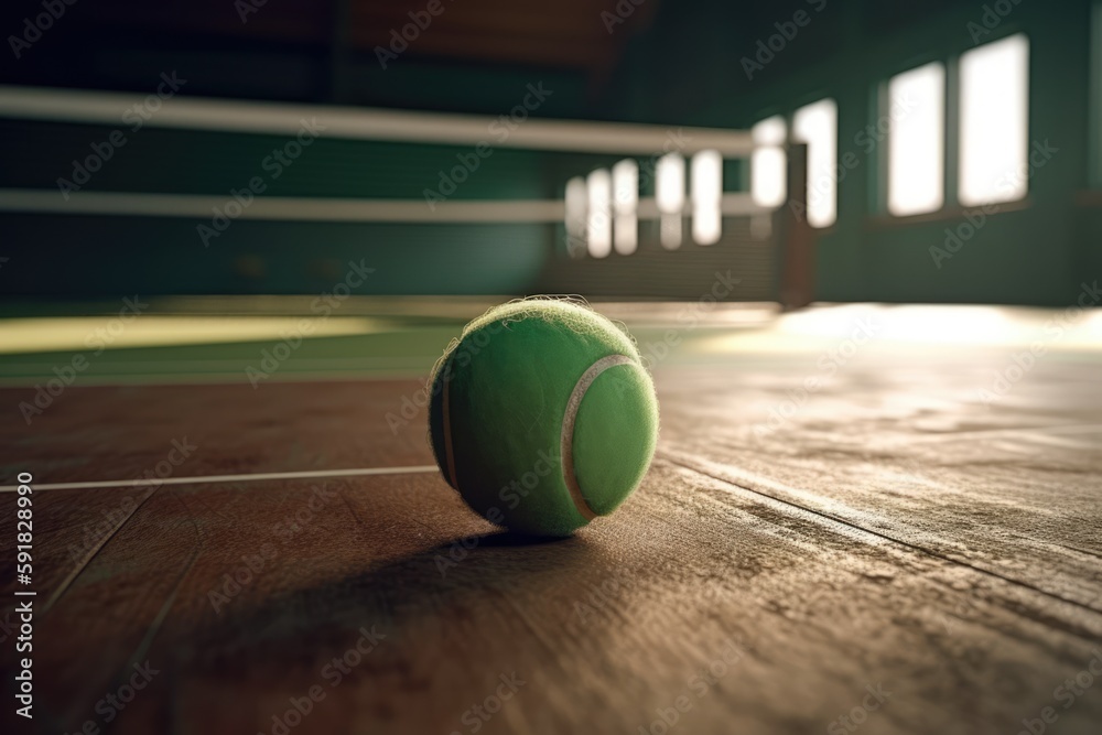 Close up of green tennis ball lying on tennis court at gym created using generative ai technology