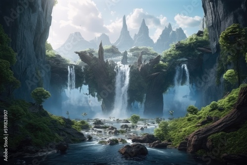 Fantasy landscape with waterfalls, river and mountains created using generative ai technology