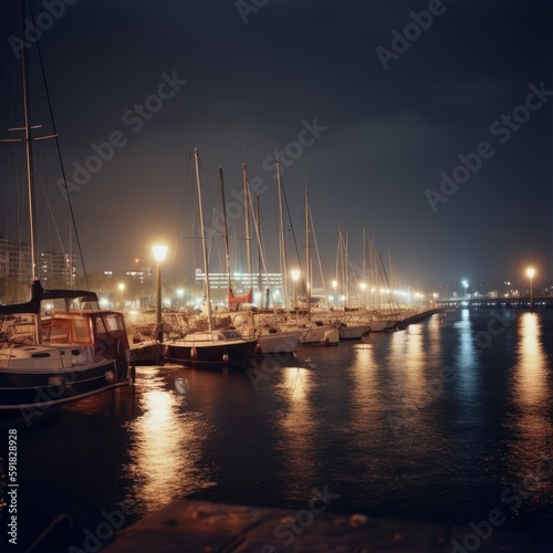Port with sailing boats and buildings at night created using generative ai technology