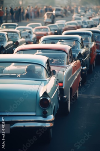 Busy street in city with traffic jam and people walking, created using generative ai technology