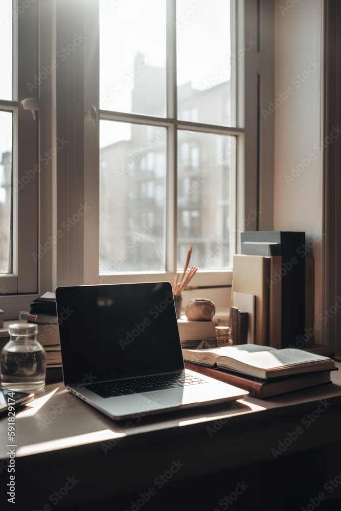 Laptop on table with books at window, created using generative ai technology Laptop on table with books at window, created using generative ai technology