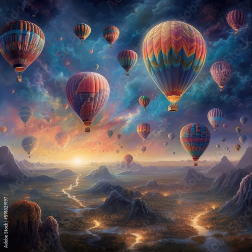 Mountain landscape and sun over floating colourful balloons, created using generative ai technology