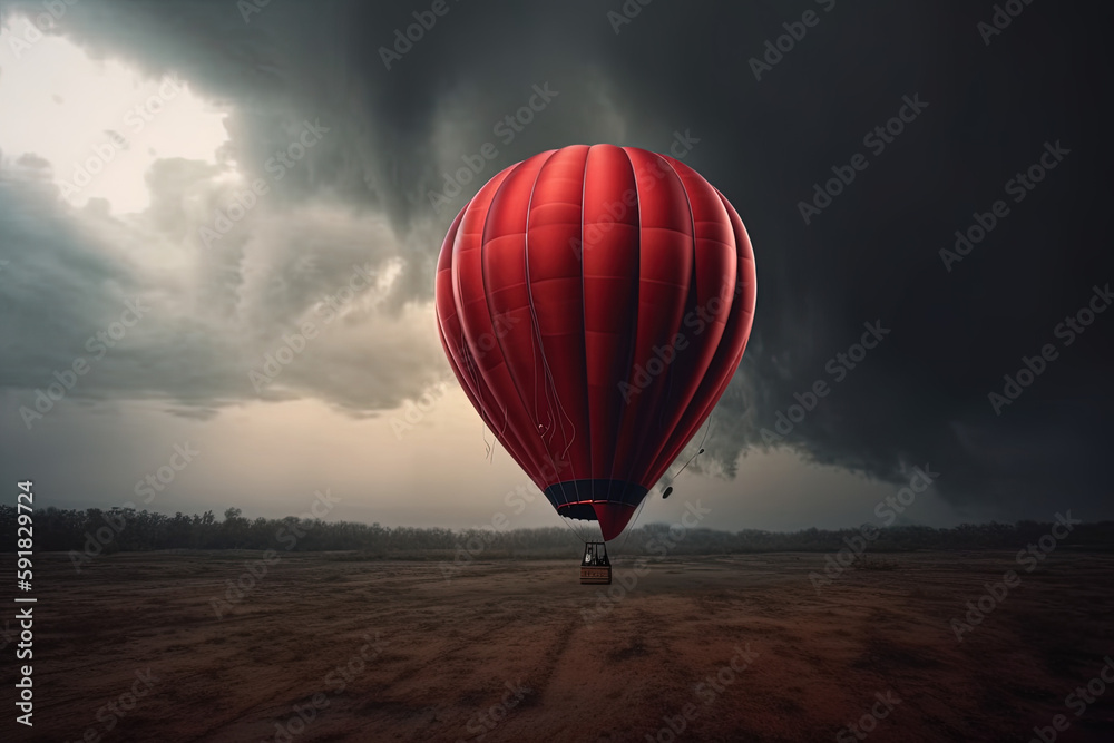 Naklejka premium A red big balloon flies in bad weather. Ai generated
