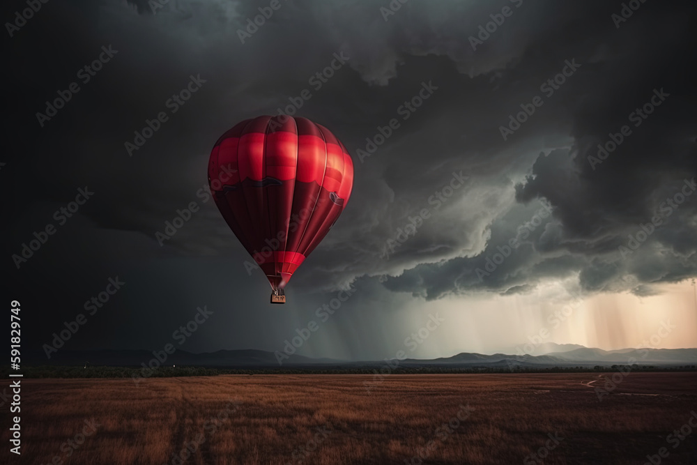 Fototapeta premium A red big balloon flies in bad weather. Ai generated