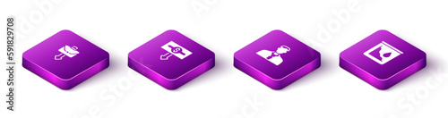 Set Isometric Briefcase, Dollar rate decrease, Worker and Drop in crude oil price icon. Vector