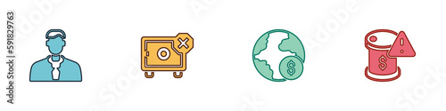 Set Worker, Safe, Global economic crisis and Drop in crude oil price icon. Vector