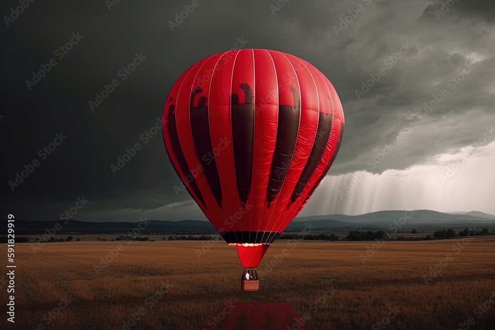 Obraz premium A red big balloon flies in bad weather. Ai generated