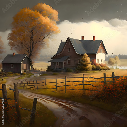 farmhouse in cloudy weather in autumn, created with Generative AI technology