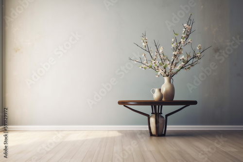 table wall interior home decor vase plaster copy space design floor contemporary. Generative AI.