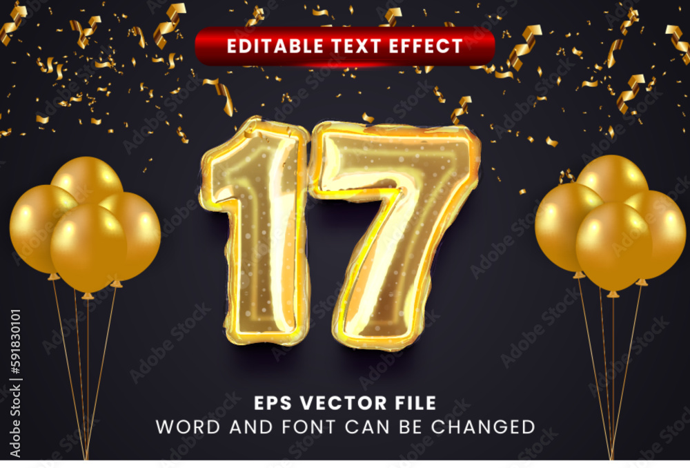 Sweet seventeen gold foil balloon text effect
