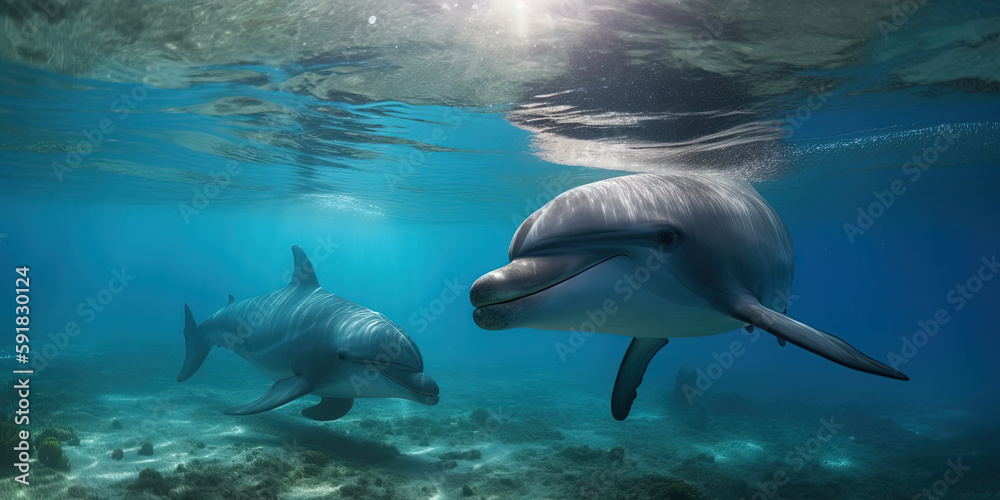 Fototapeta premium Dolphins underwater. Ai generated