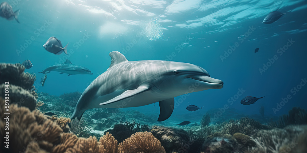 Fototapeta premium Dolphins underwater. Ai generated