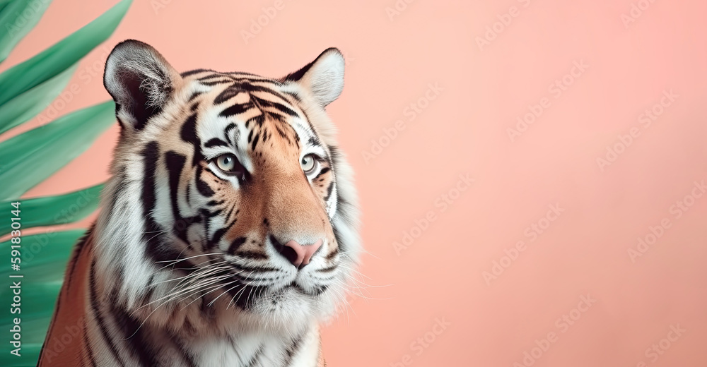 Portrait of a astonishing tiger on a pink background. Generative AI