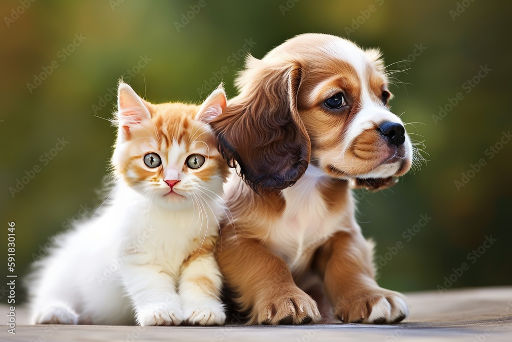 A cute puppy and kitten cuddling together. Generative IA A cute puppy and kitten cuddling together. Generative IA