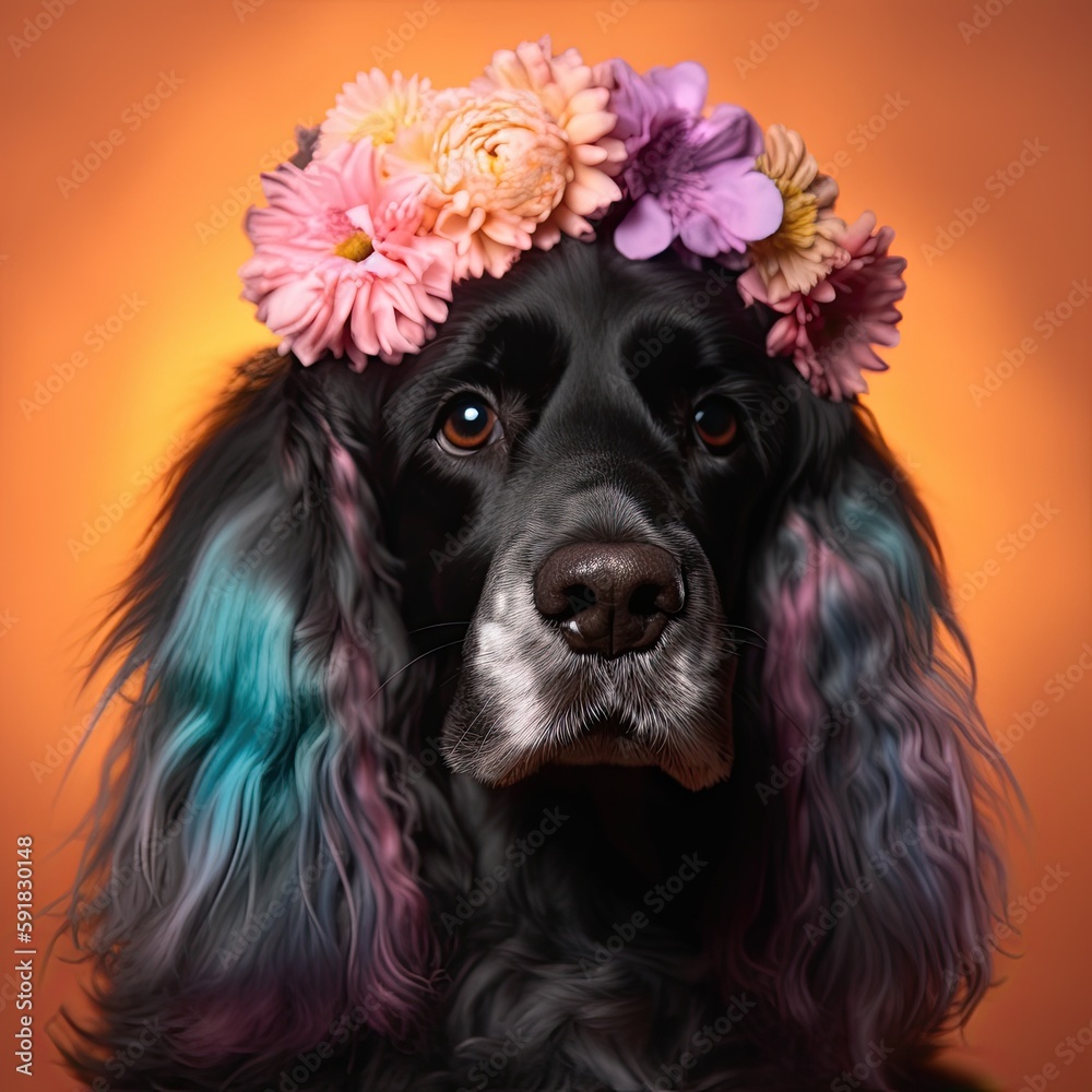 Cool dog with colorful wig and flowers on a colored background. Generative AI Cool dog with colorful wig and flowers on a colored background. Generative AI