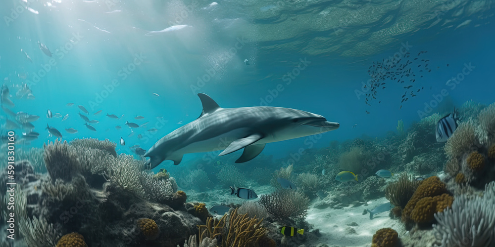 Fototapeta premium Dolphins underwater. Ai generated