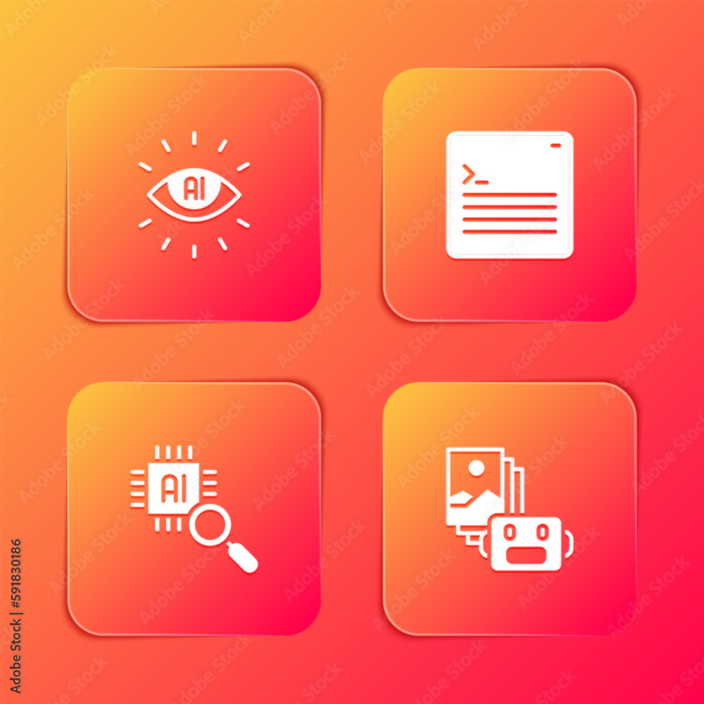 Set Artificial intelligence AI, Web developer programming code, Processor CPU and robot icon. Vector Set Artificial intelligence AI, Web developer programming code, Processor CPU and robot icon. Vector